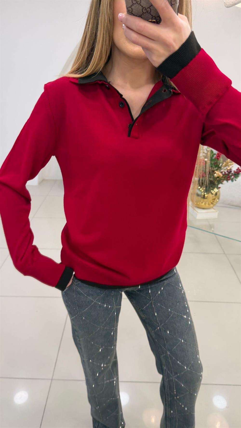 KOL VE YAKA  DETAYLI KIRMIZI KAZAK