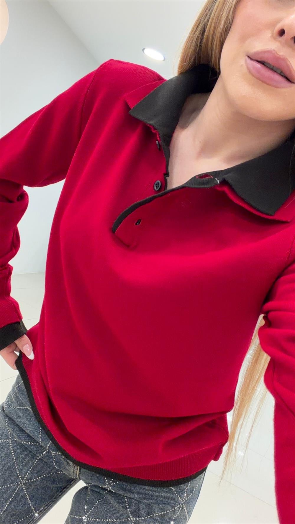 KOL VE YAKA  DETAYLI KIRMIZI KAZAK