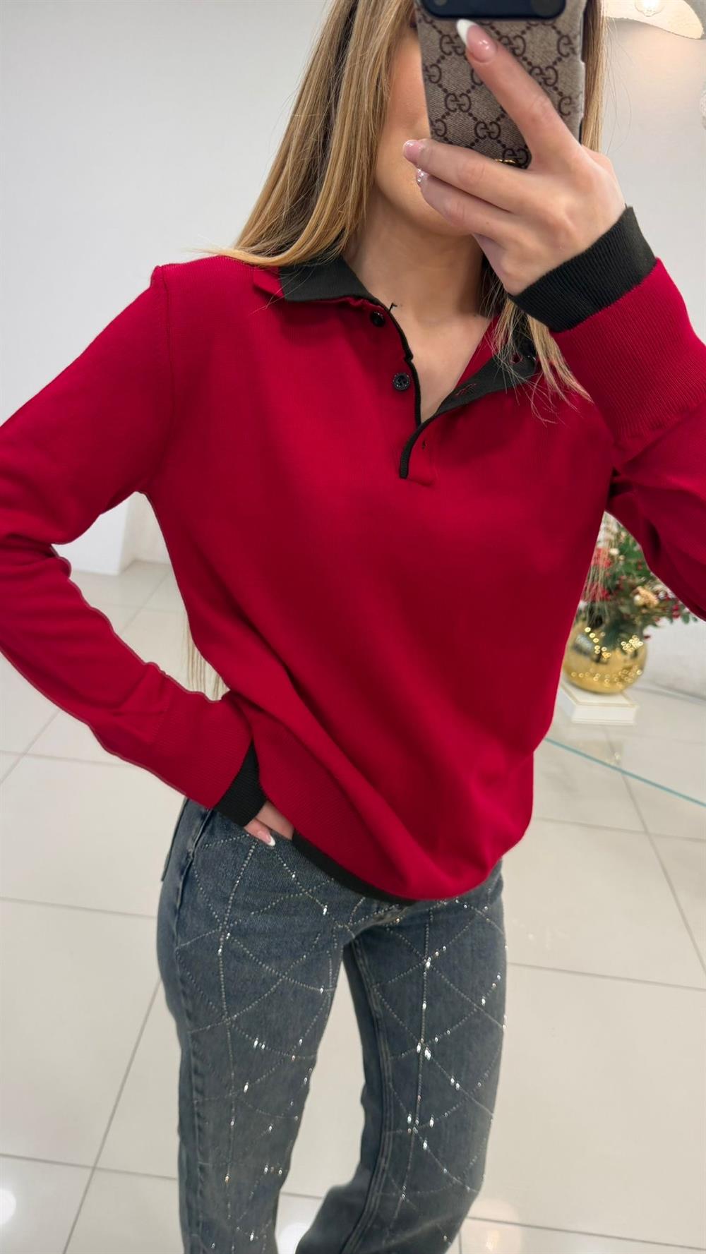 KOL VE YAKA  DETAYLI KIRMIZI KAZAK