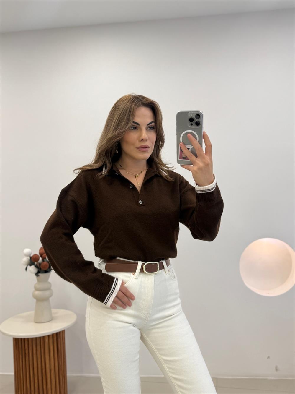 KOL VE YAKA ŞERİT DETAYLI KAZAK  