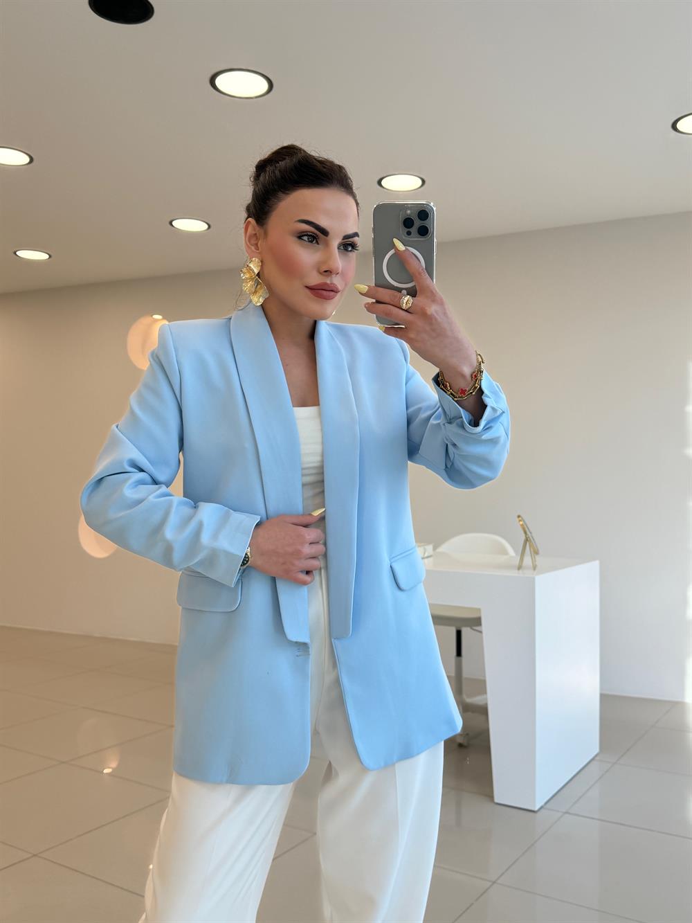 KOLLARI BÜZGÜLÜ BLAZER CEKET MAVİ