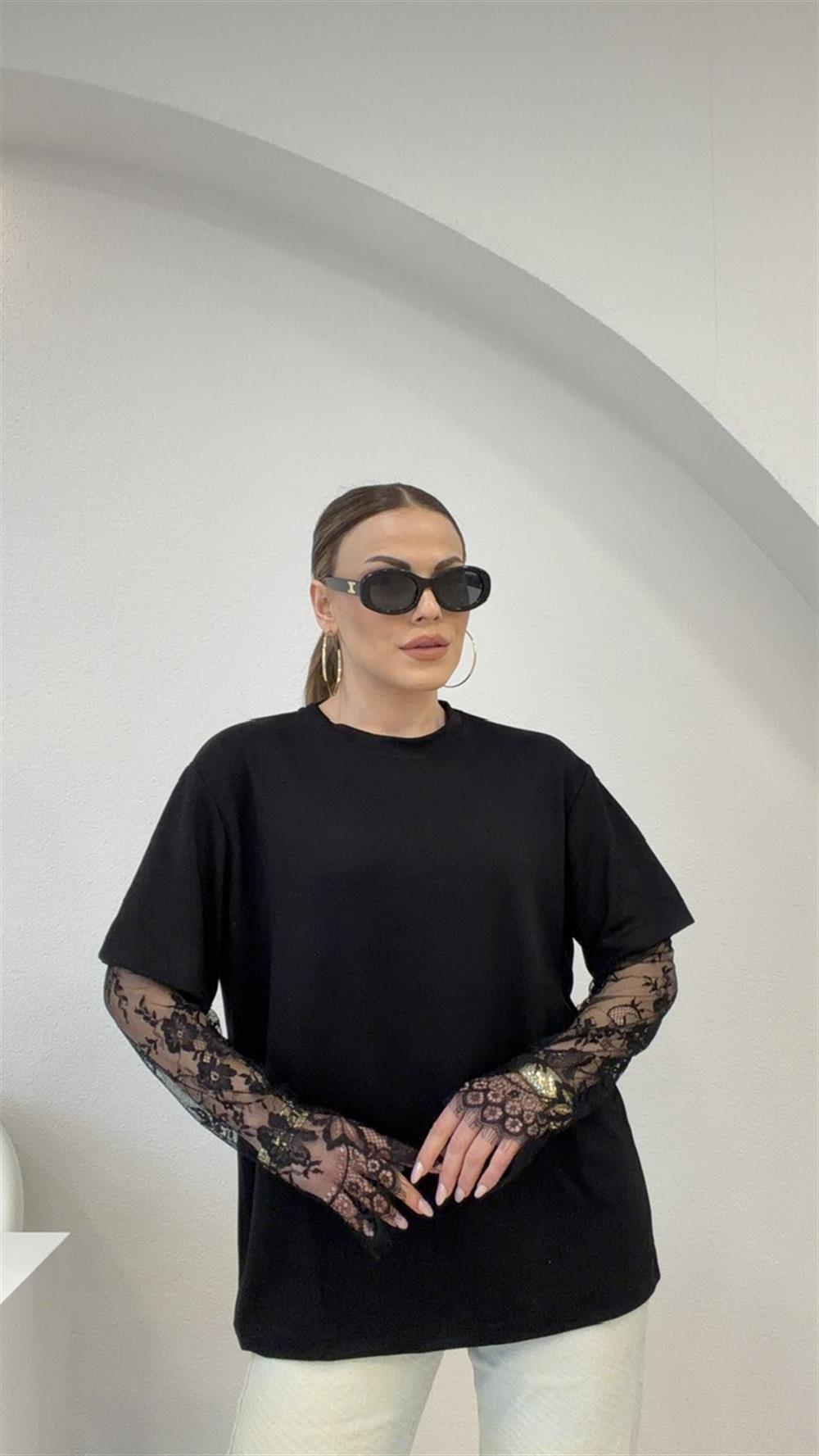 KOLLARI DANTELLİ MODAL BLUZ SİYAH