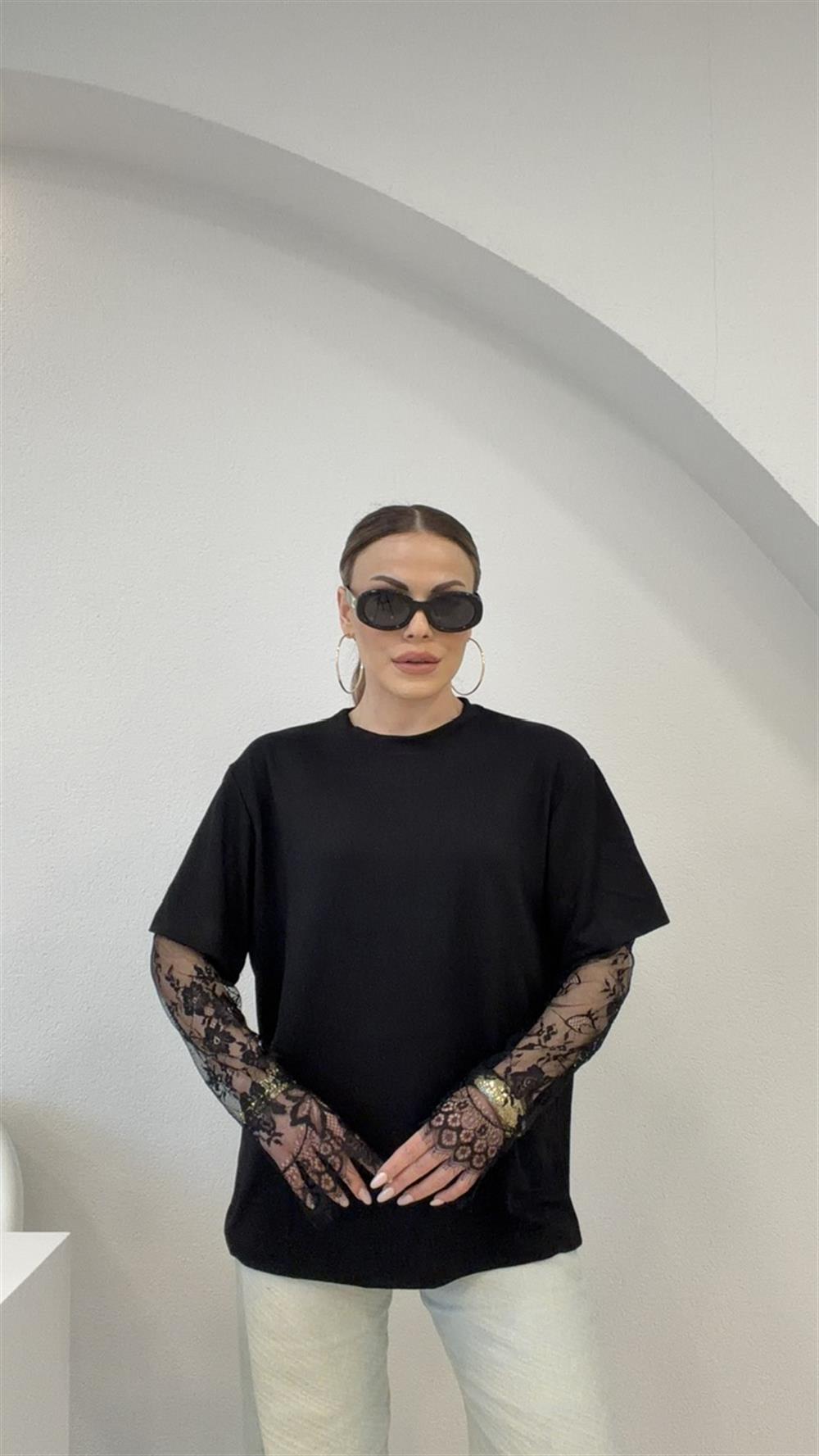 KOLLARI DANTELLİ MODAL BLUZ SİYAH