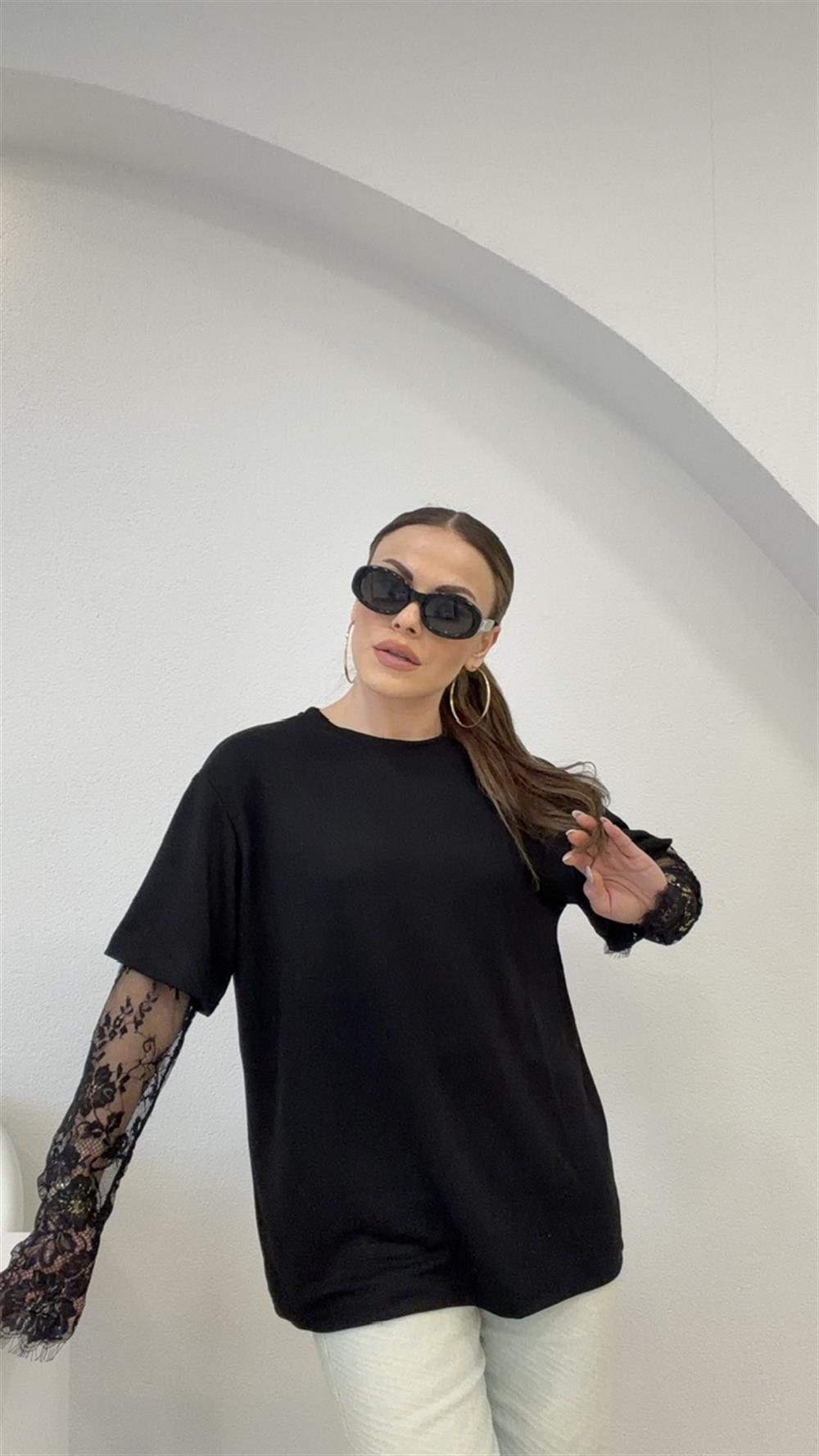 KOLLARI DANTELLİ MODAL BLUZ SİYAH