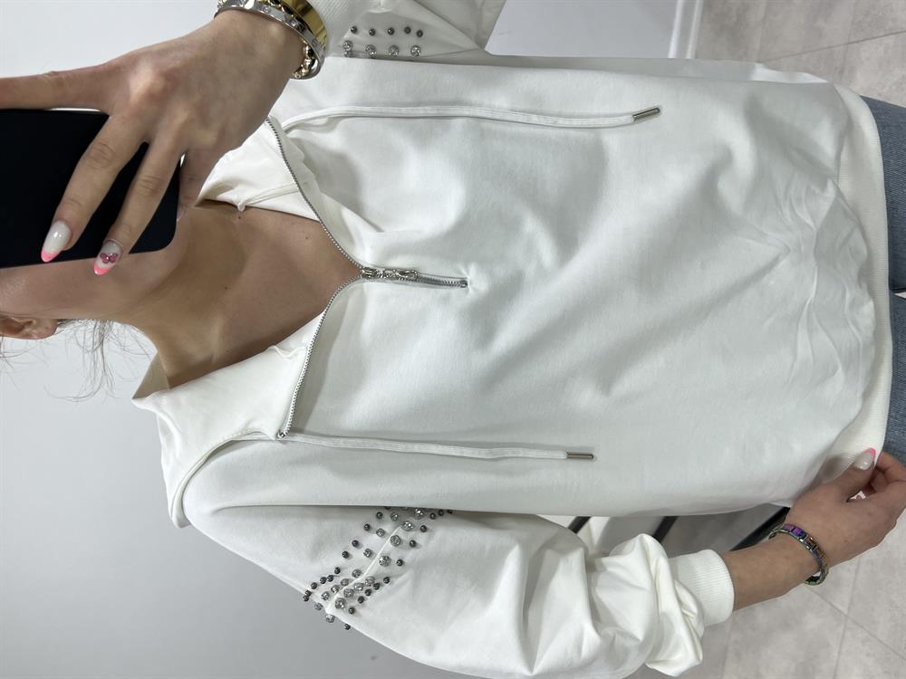 Kollari Taşli Kapşonlu Sweat Ekru