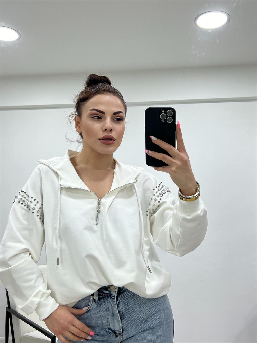 Kollari Taşli Kapşonlu Sweat Ekru