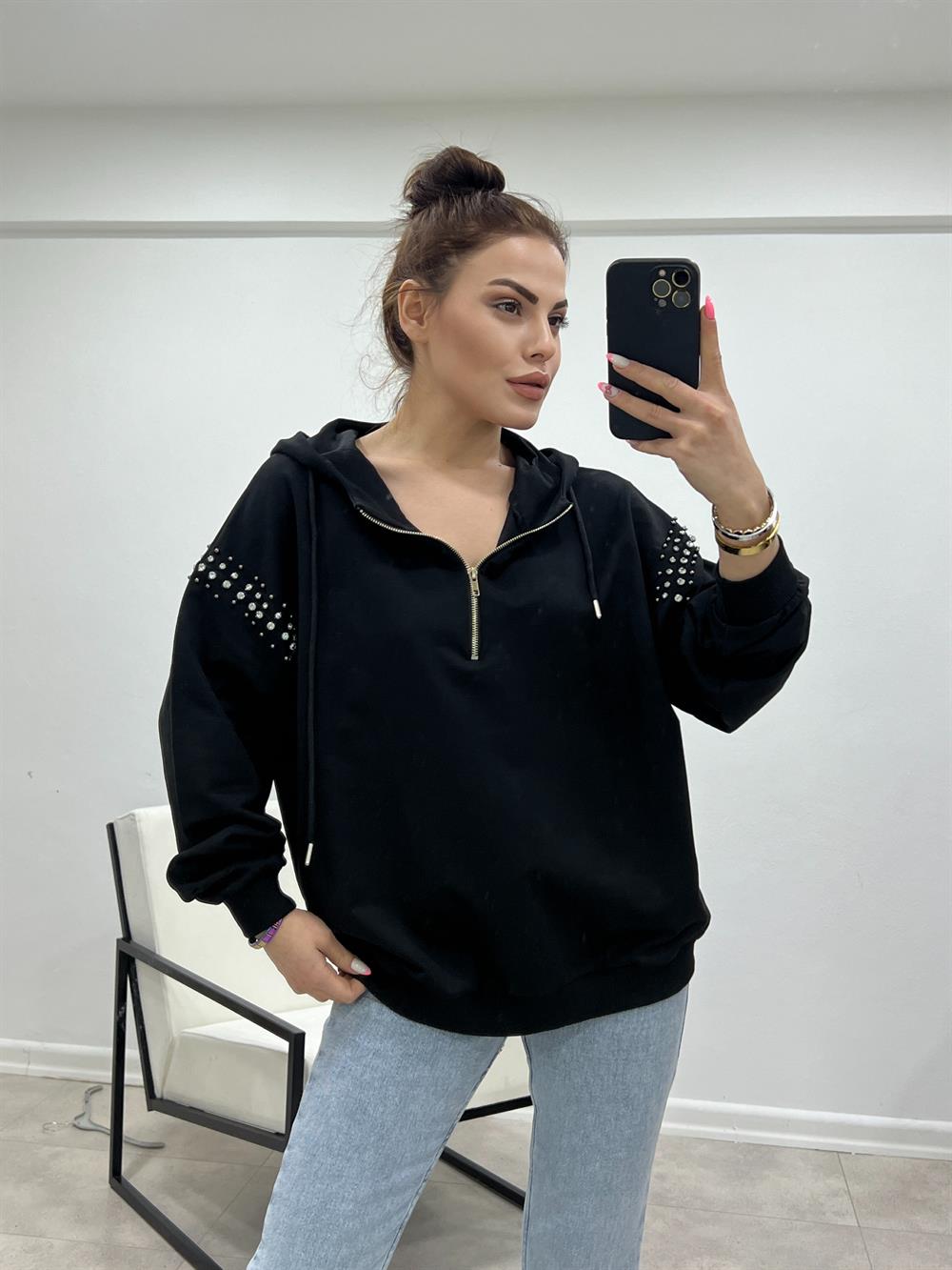 Kollari Taşli Kapşonlu Sweat Si̇yah