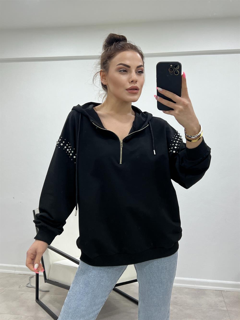 Kollari Taşli Kapşonlu Sweat Si̇yah