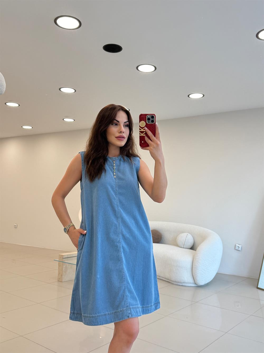 KOLSUZ BASİC DENİM ELBİSE 