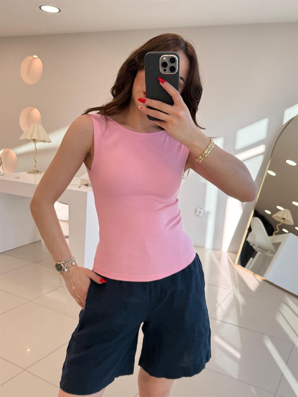 KOLSUZ BİSİKLET YAKA ATLET PEMBE