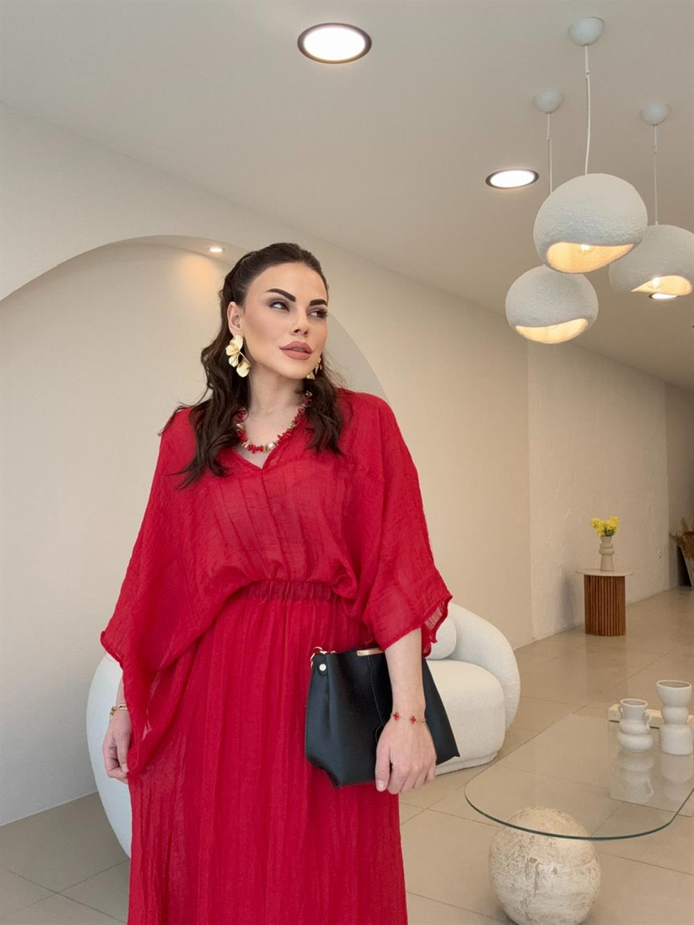 kolye detaylı bohem takım kırmızı