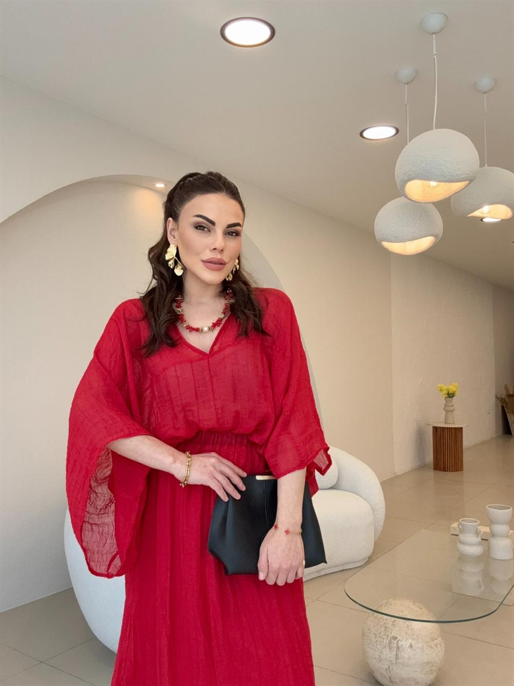 kolye detaylı bohem takım kırmızı