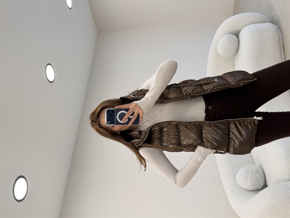 KOPŞONLU PARLAK ŞİŞME YELEK KAHVE