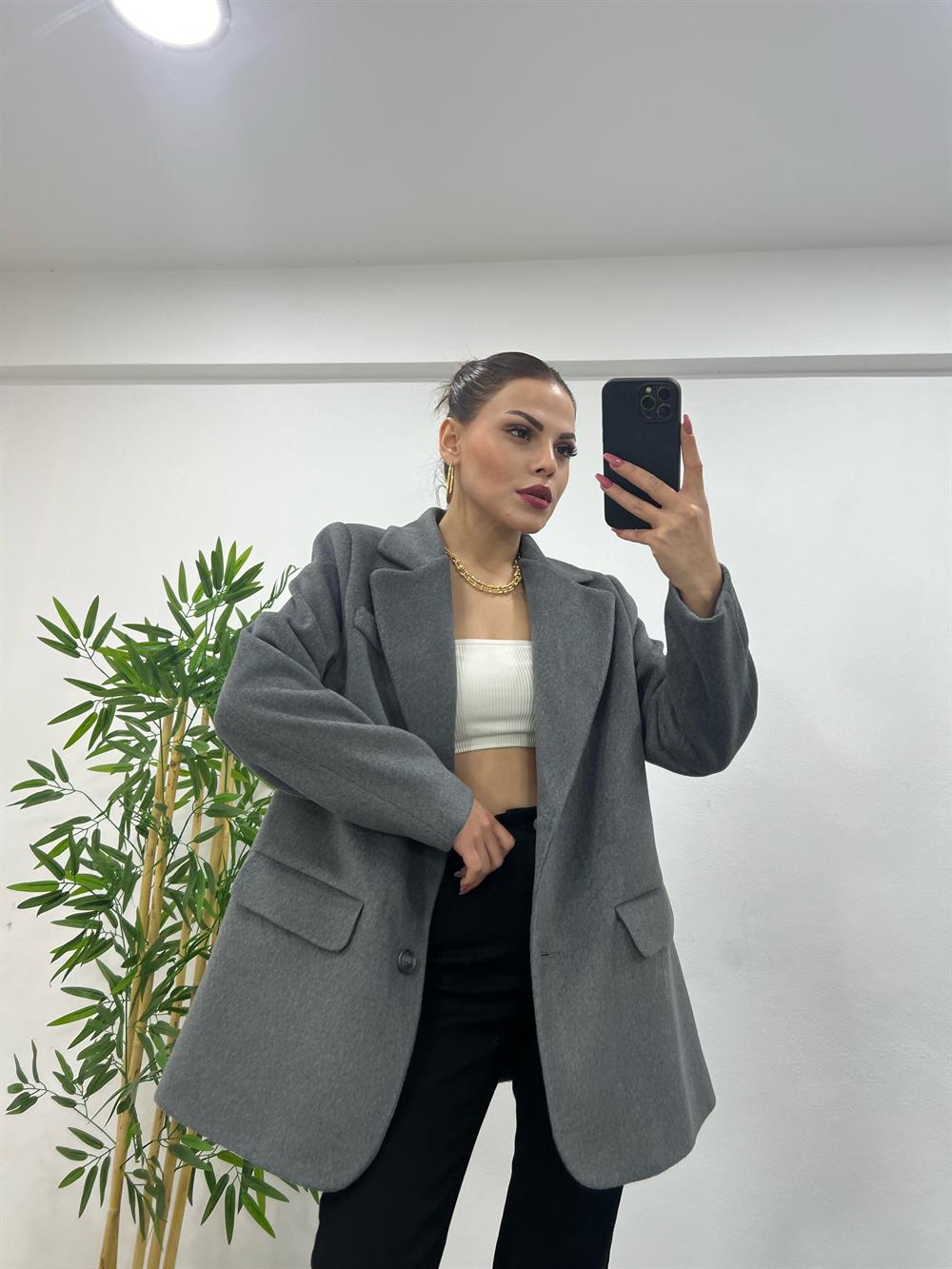 Koyu Gri̇ Özel Doku Bleazer Ceket