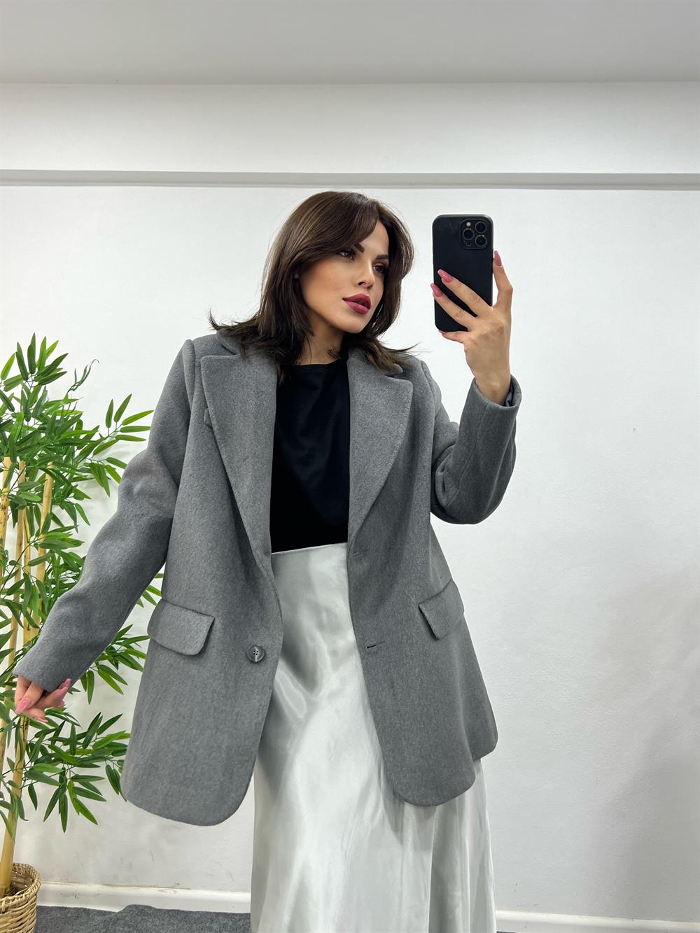 Koyu Gri̇ Özel Doku Bleazer Ceket