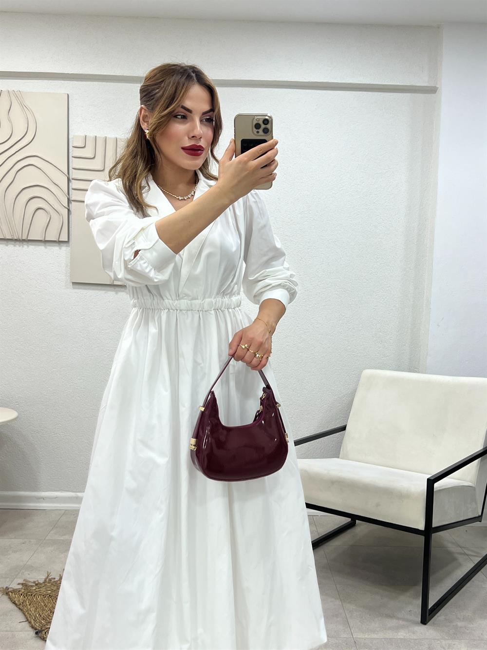 Kruvaze Yaka Bel Lasti̇kli̇ Tasarim Elbi̇se Beyaz