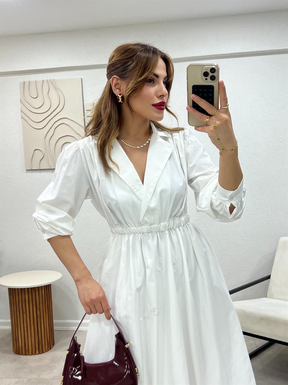 Kruvaze Yaka Bel Lasti̇kli̇ Tasarim Elbi̇se Beyaz
