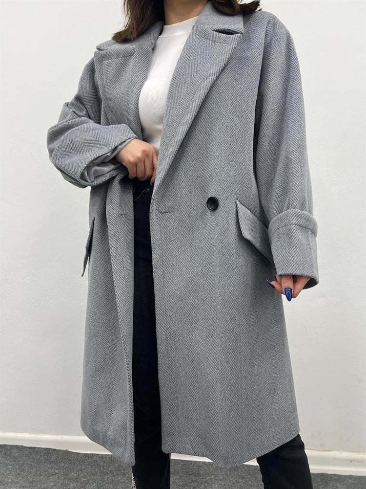 Kruvaze Yaka Gri̇ Kaban