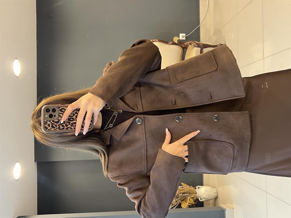 Kruvaze Yaka Kahve Süet Ceket