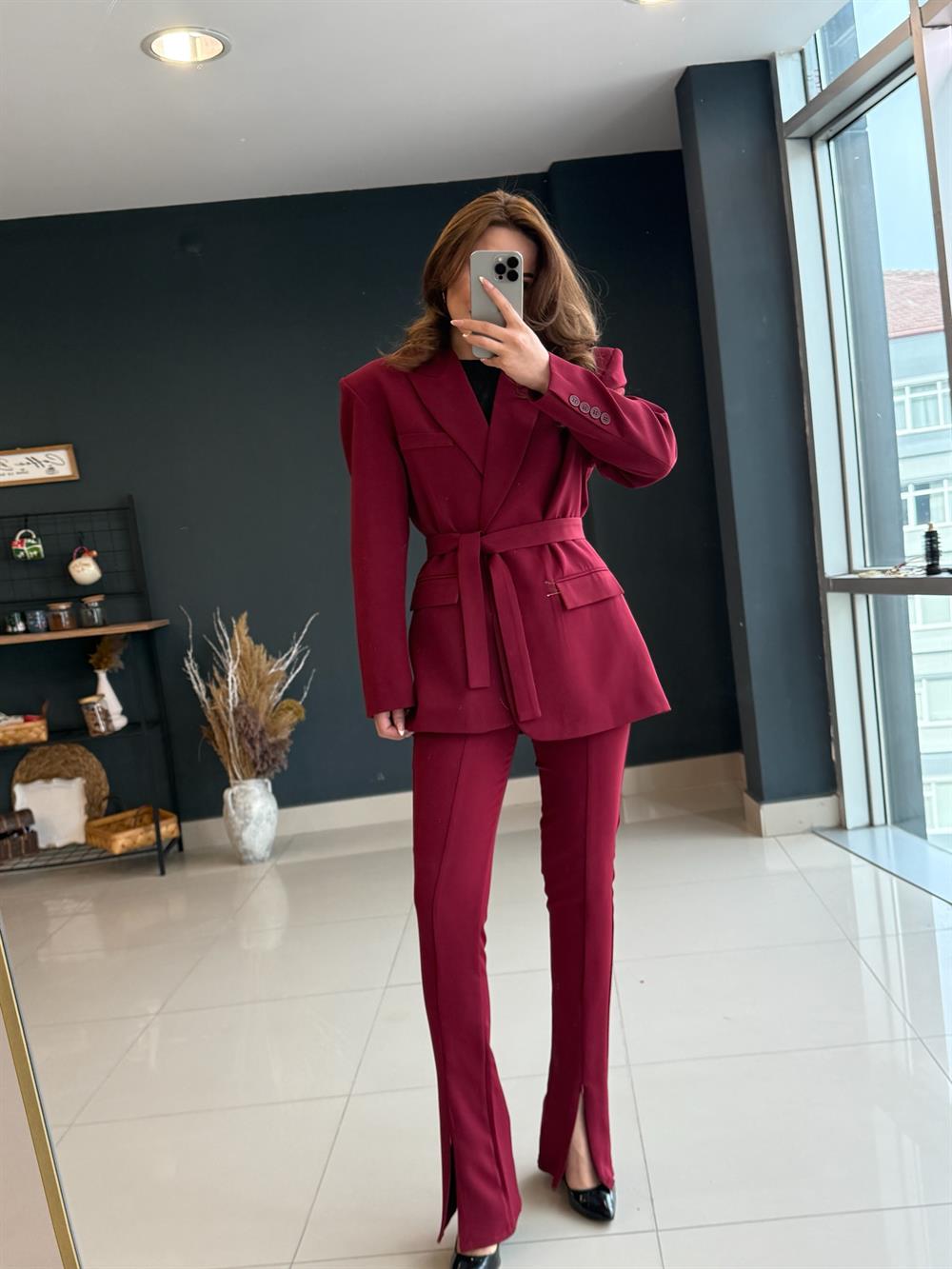 Kuşakli İki̇li̇ Ceket Takim Bordo