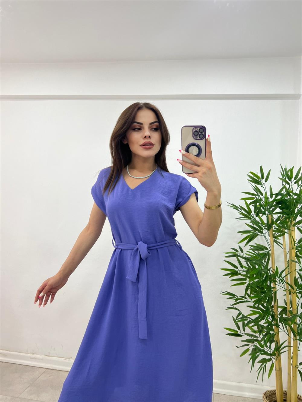 Kuşakli Keten Elbi̇se Mor
