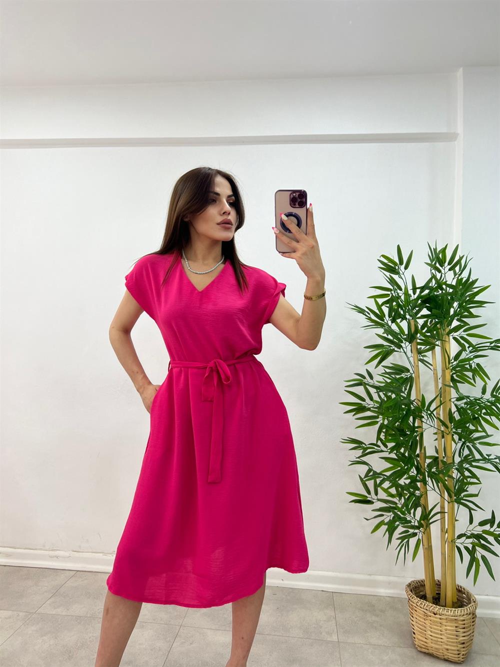 Kuşakli Keten Elbi̇se Pembe