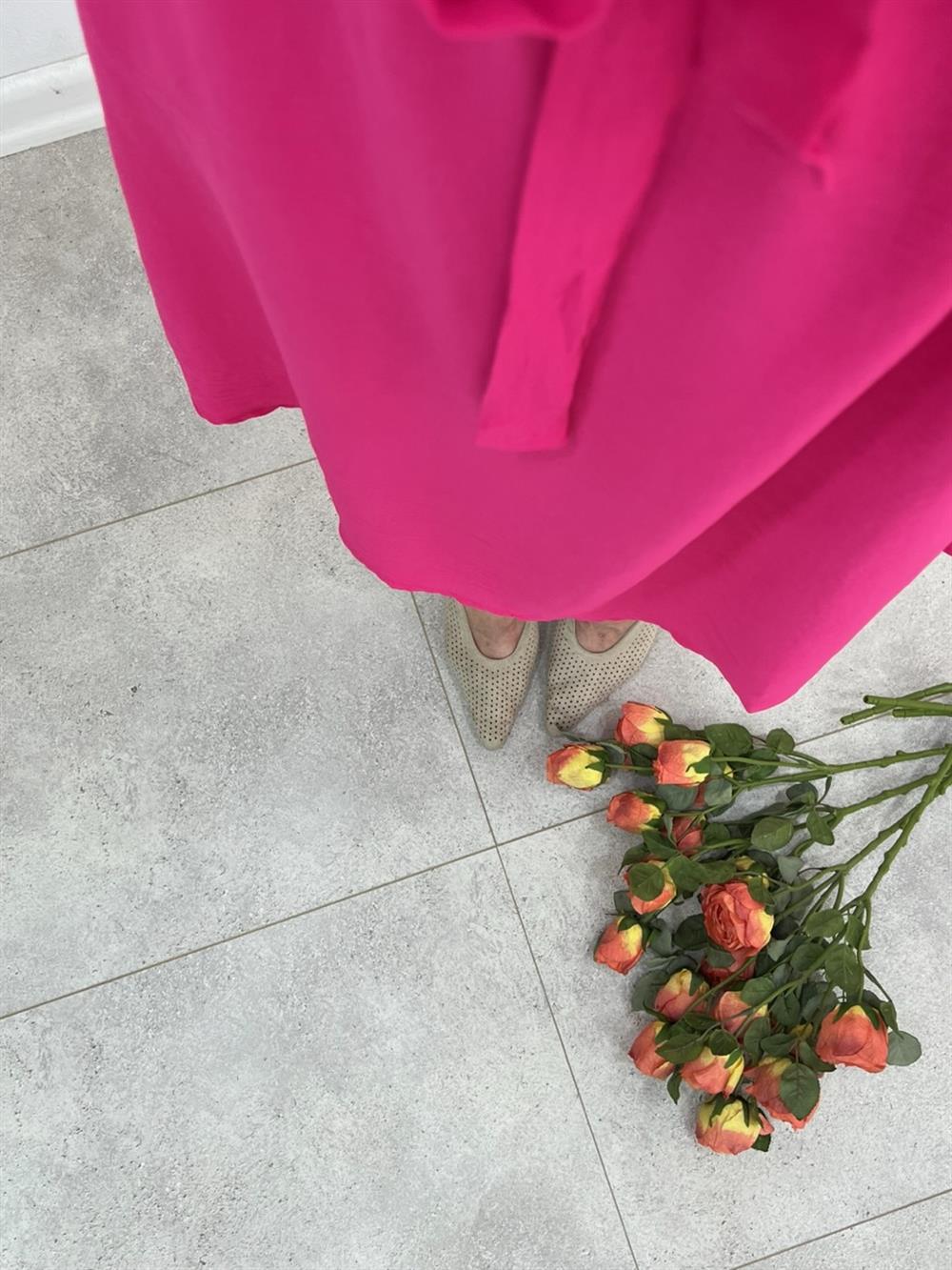 Kuşakli Keten Elbi̇se Pembe