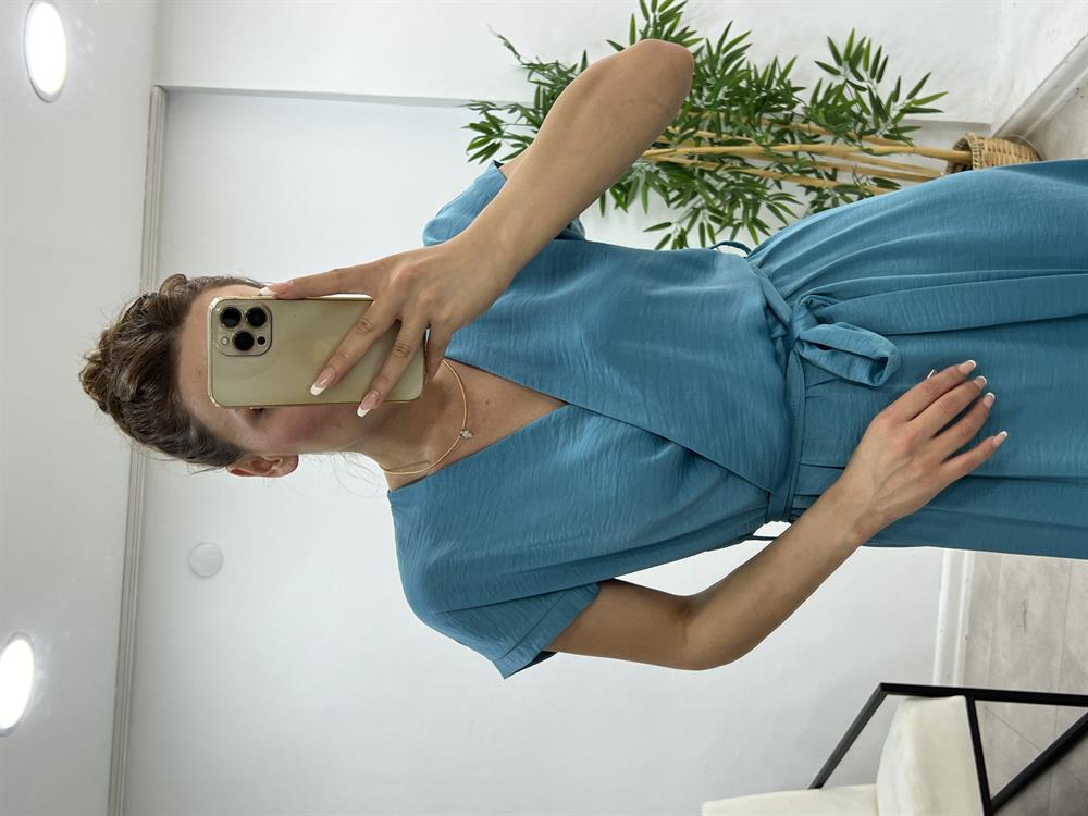 Kuşakli Premium Kali̇te Midi Boy Elbi̇se Mavi̇