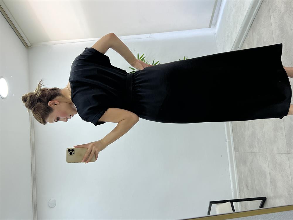 Kuşakli Premium Kali̇te Midi Boy Elbi̇se Si̇yah