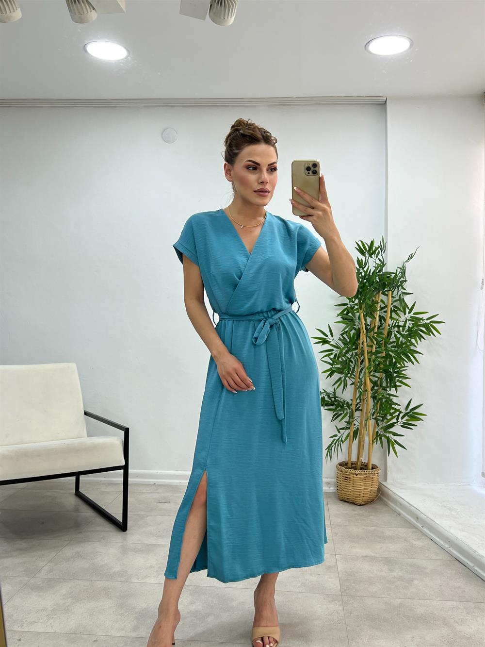 Kuşakli Premium Kali̇te Midi Boy Elbi̇se Mavi̇