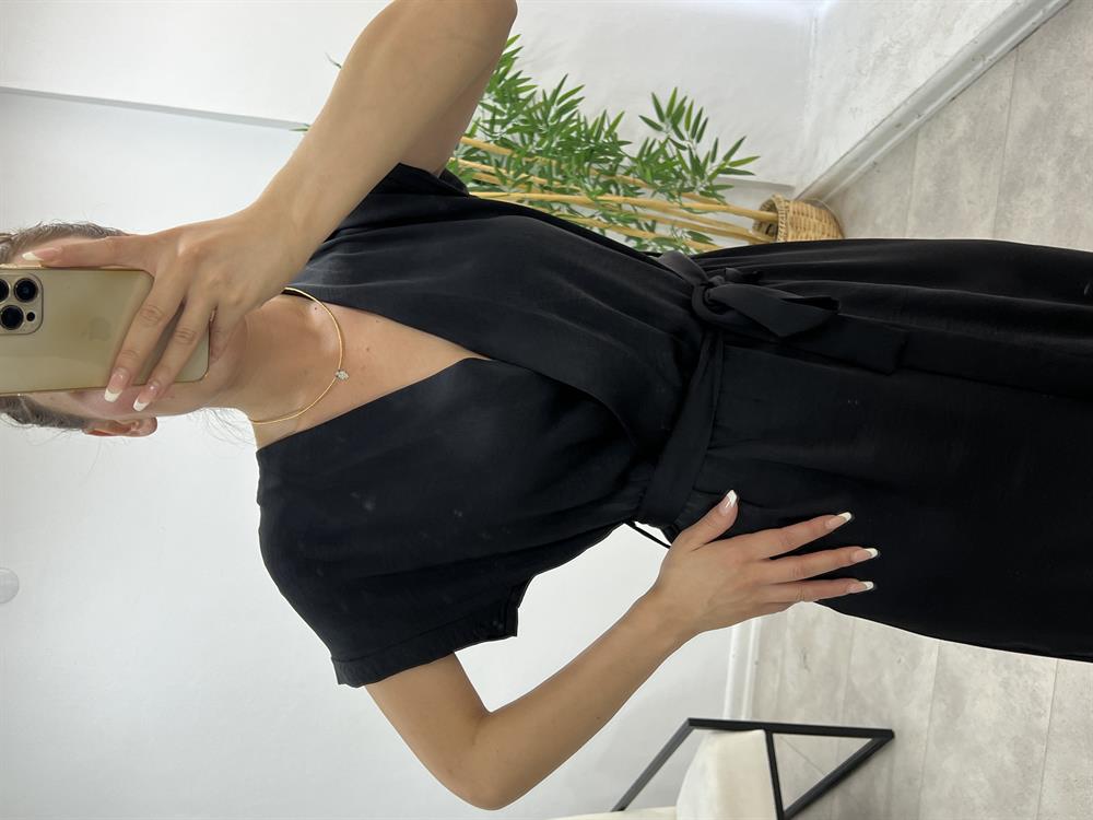 Kuşakli Premium Kali̇te Midi Boy Elbi̇se Si̇yah