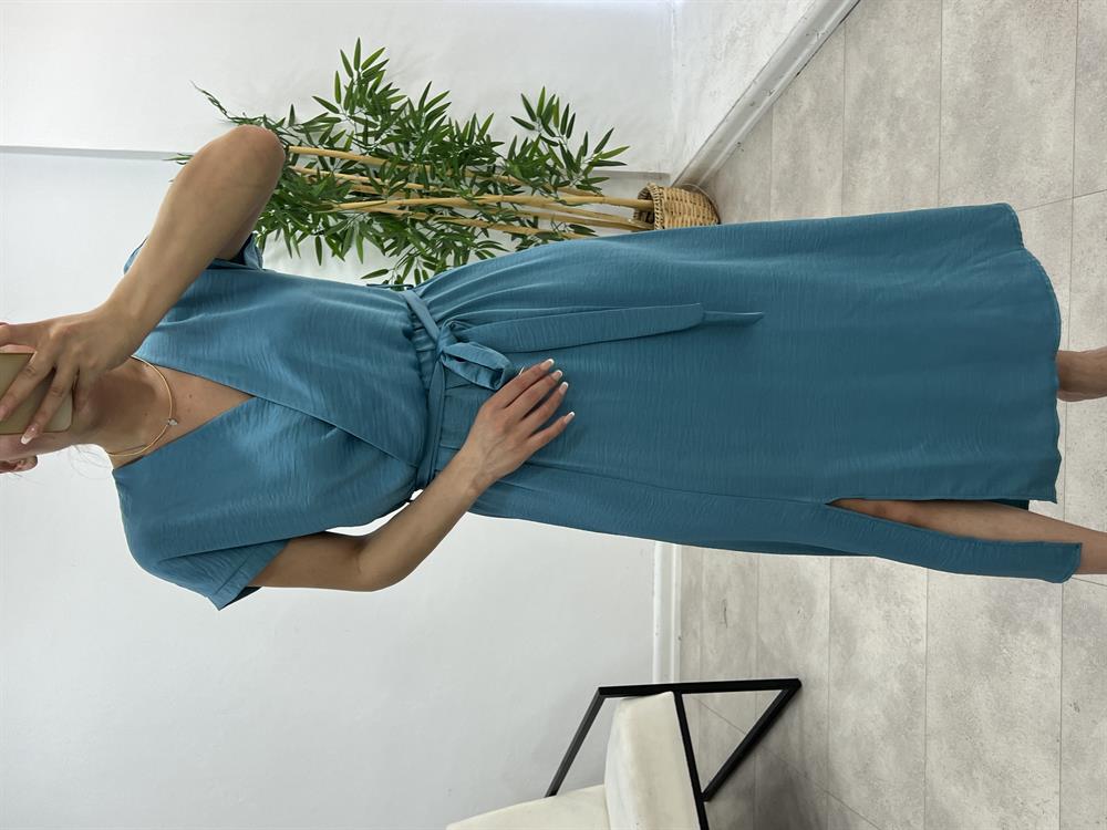 Kuşakli Premium Kali̇te Midi Boy Elbi̇se Mavi̇