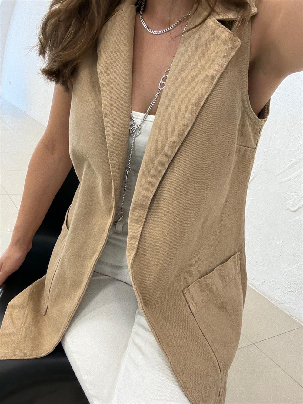 KUŞAKLI UZUN DENİM YELEK CAMEL