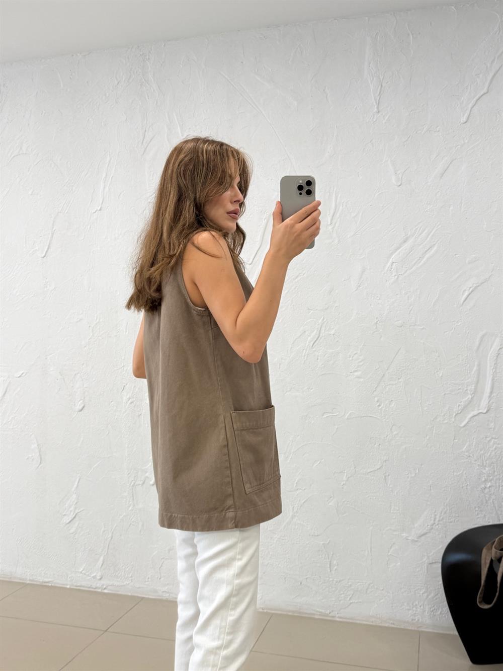 KUŞAKLI UZUN DENİM YELEK HAKİ