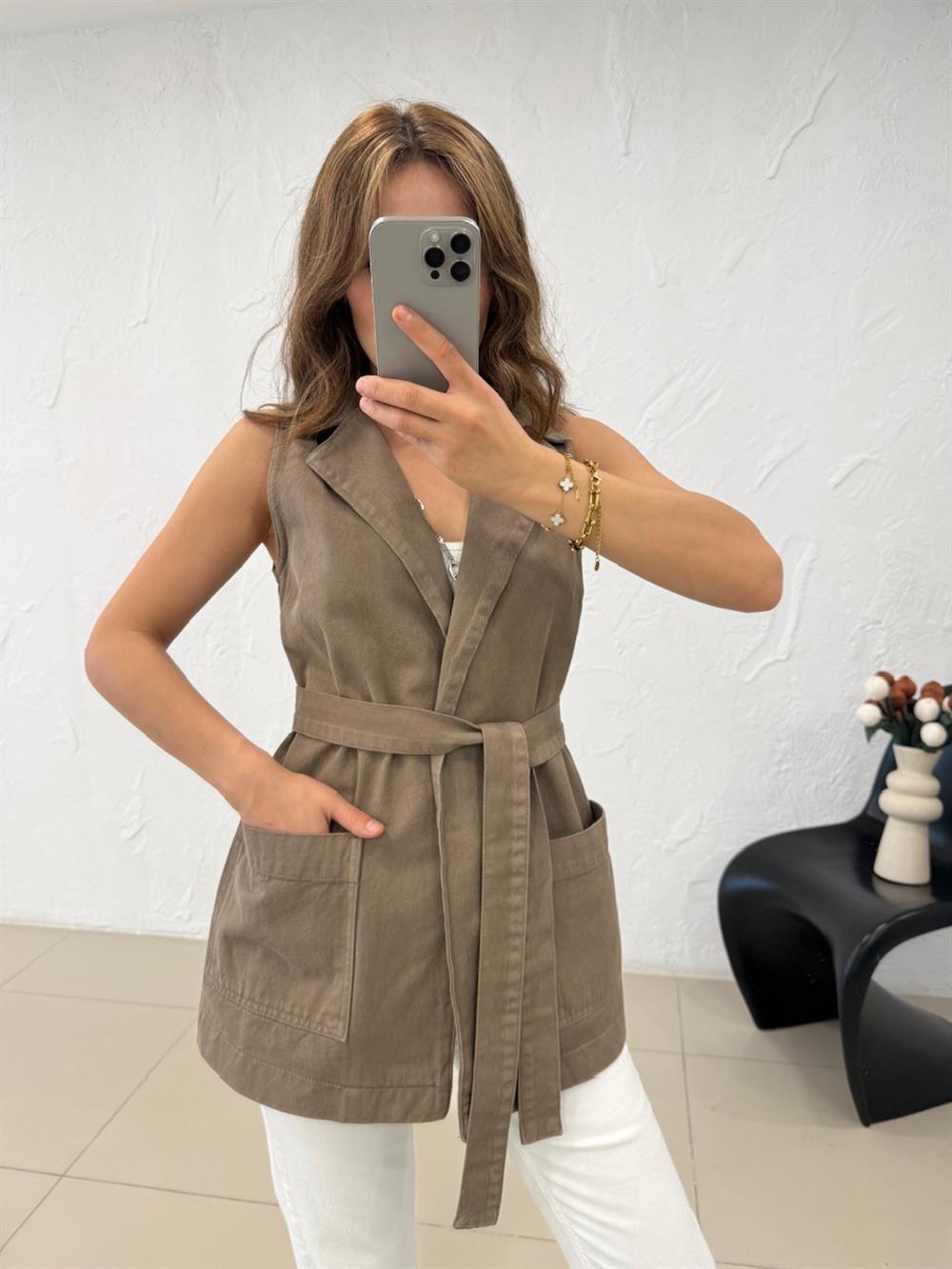 KUŞAKLI UZUN DENİM YELEK HAKİ