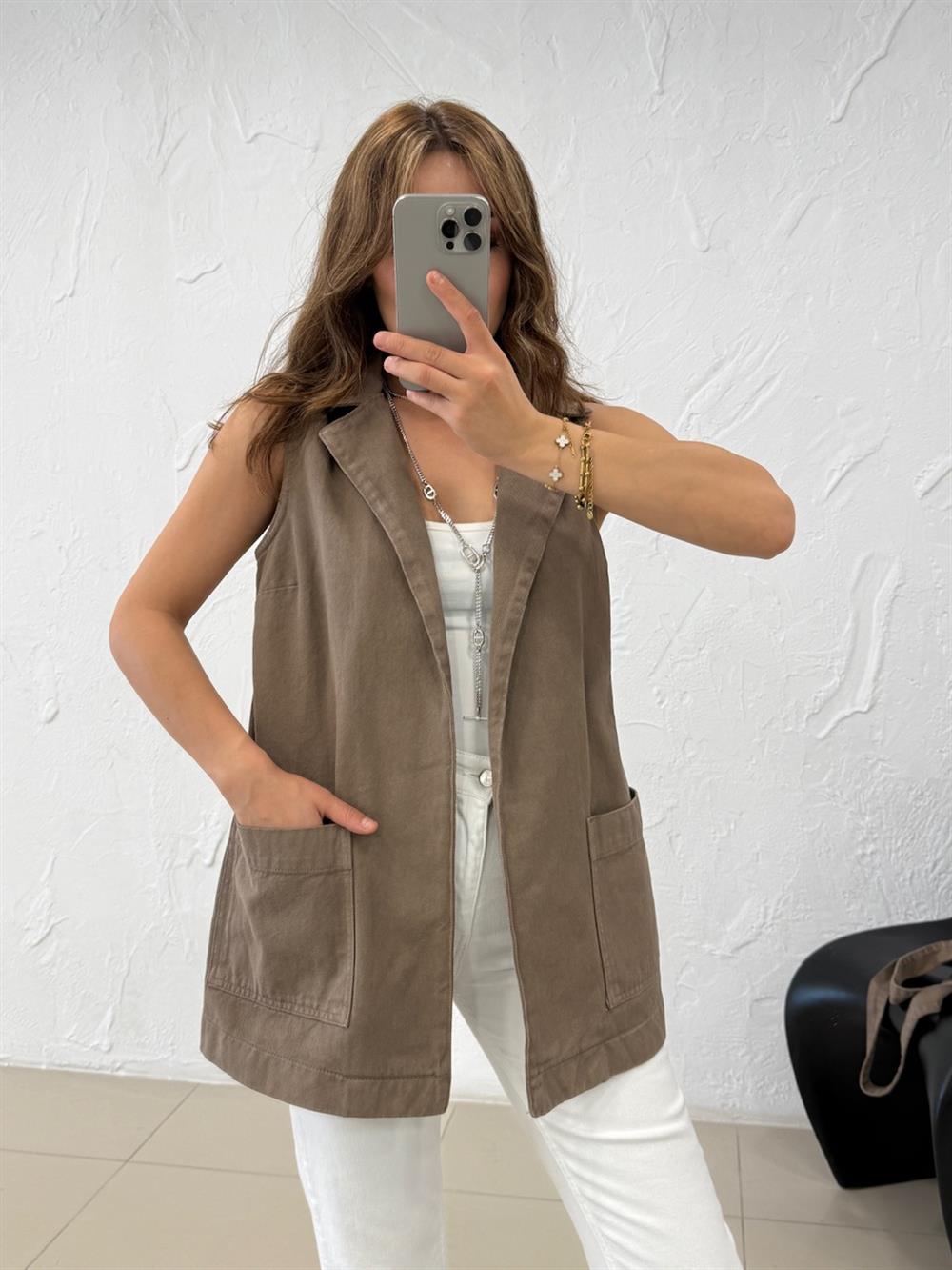 KUŞAKLI UZUN DENİM YELEK HAKİ