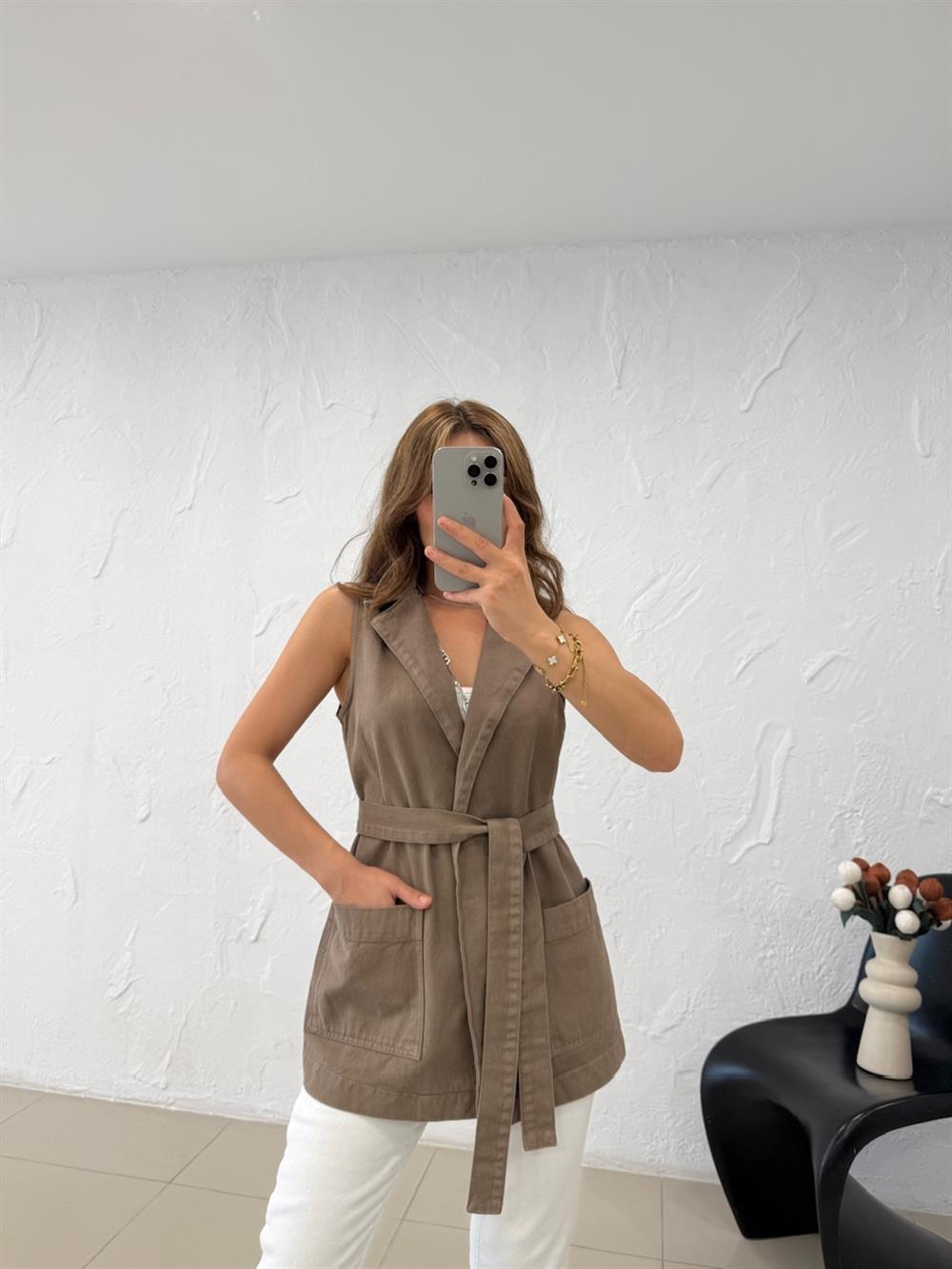 KUŞAKLI UZUN DENİM YELEK HAKİ