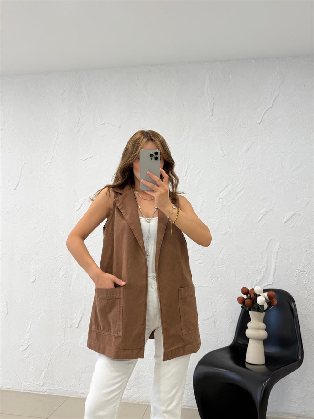 KUŞAKLI UZUN DENİM YELEK KAHVE