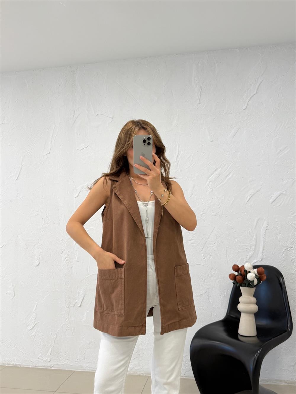 KUŞAKLI UZUN DENİM YELEK KAHVE