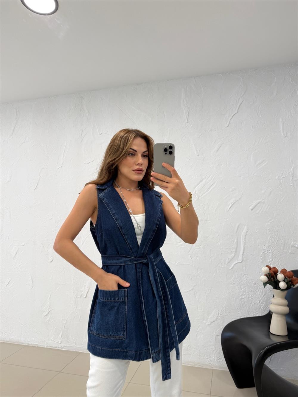 KUŞAKLI UZUN DENİM YELEK LACİVERT