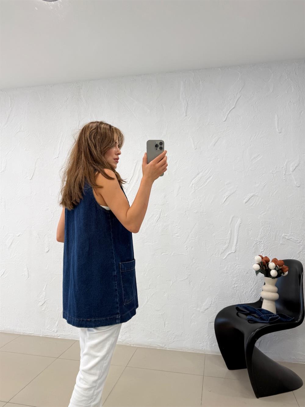 KUŞAKLI UZUN DENİM YELEK LACİVERT