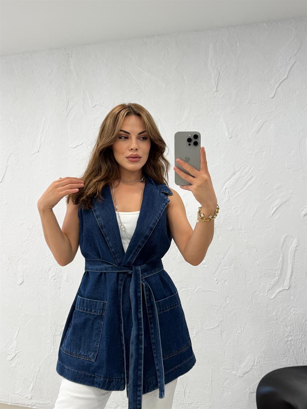 KUŞAKLI UZUN DENİM YELEK LACİVERT