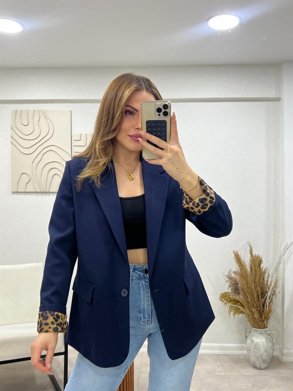Laci̇vert Kollari Leoparli Blazer Ceket