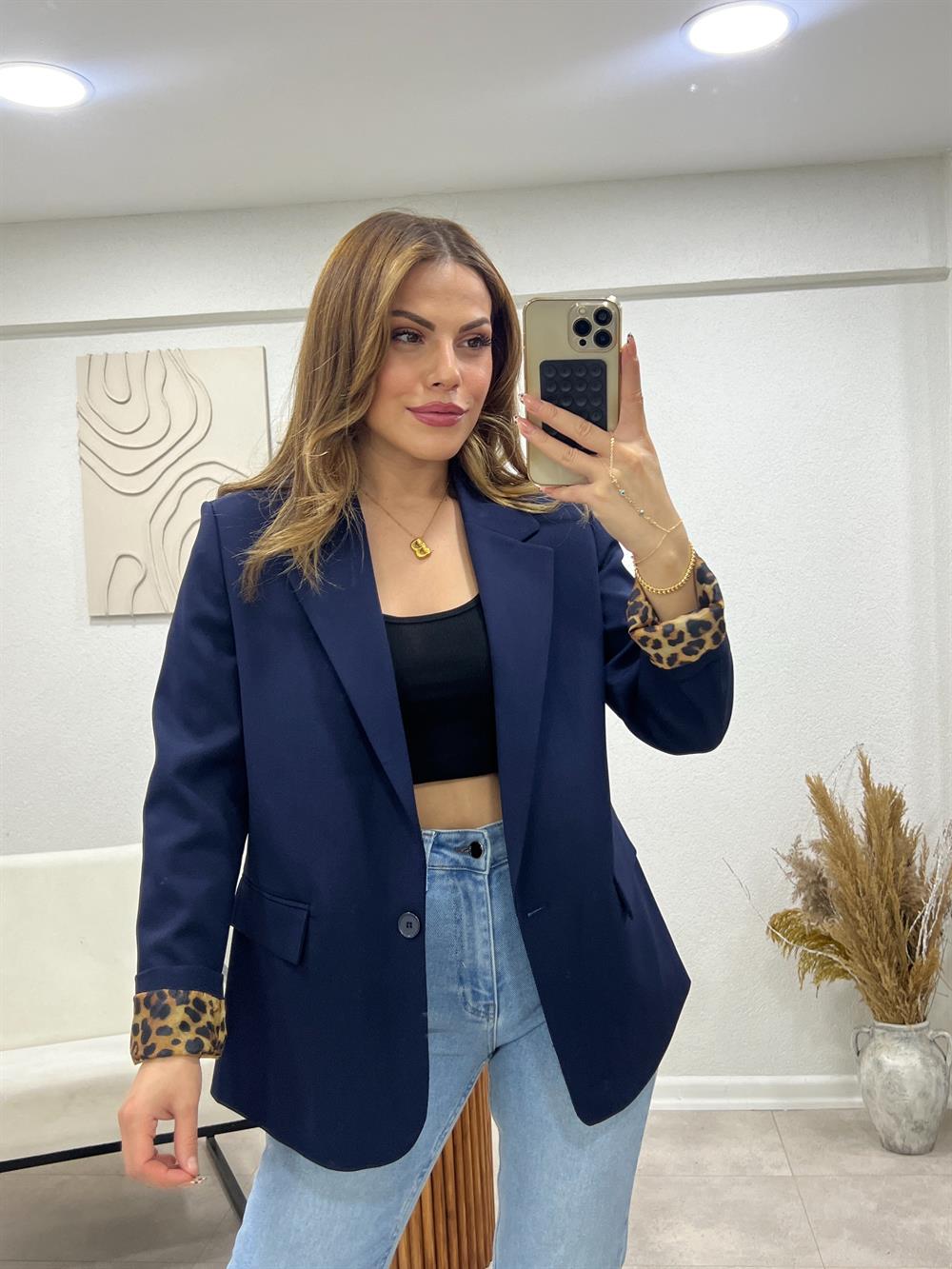 Laci̇vert Kollari Leoparli Blazer Ceket