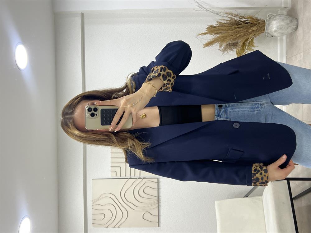Laci̇vert Kollari Leoparli Blazer Ceket