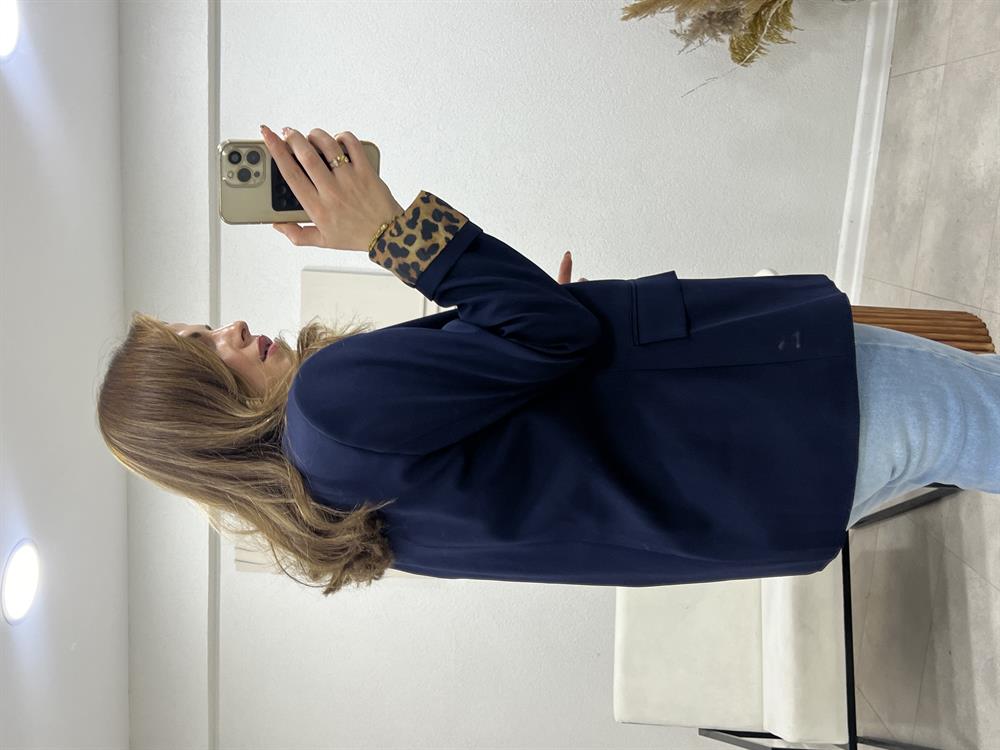 Laci̇vert Kollari Leoparli Blazer Ceket