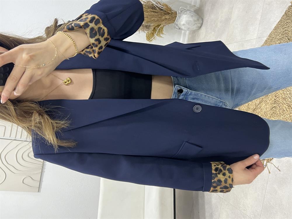 Laci̇vert Kollari Leoparli Blazer Ceket
