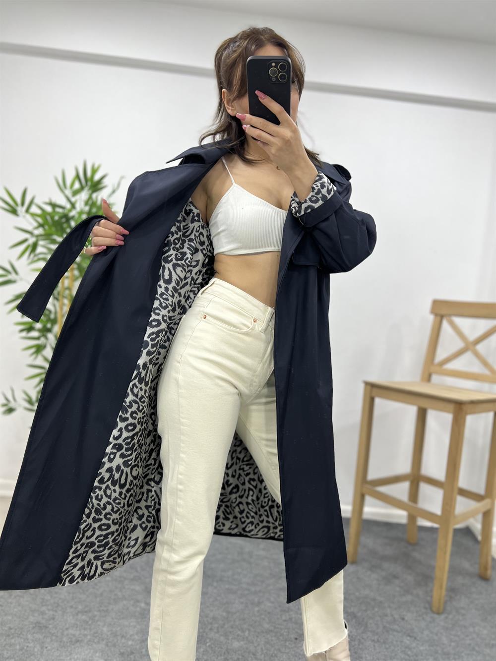 Laci̇vert Leopar Astarli Trençkot