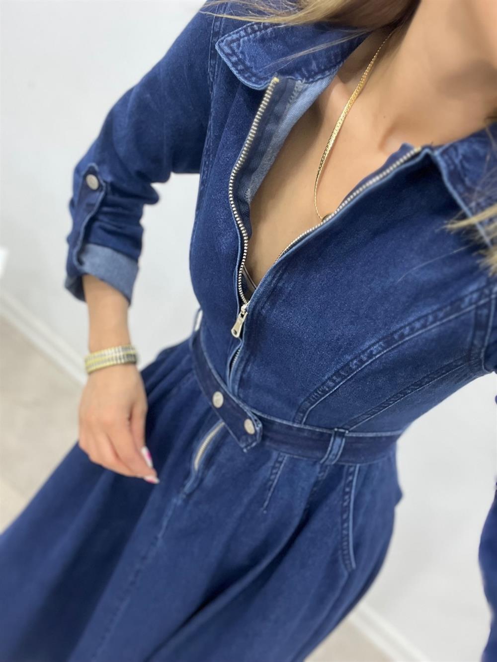 Laci̇vert Polo Yaka Asi̇metri̇k Kesi̇m Deni̇m Elbi̇se