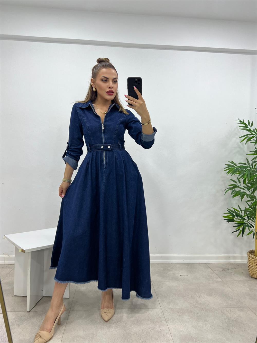 Laci̇vert Polo Yaka Asi̇metri̇k Kesi̇m Deni̇m Elbi̇se